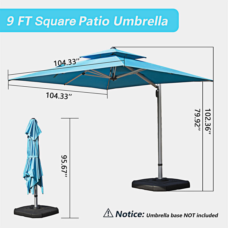 Parasol en porte-à-faux inclinable avec poteau central, L 104,35 po x P 104,35 po, Bleu lac
