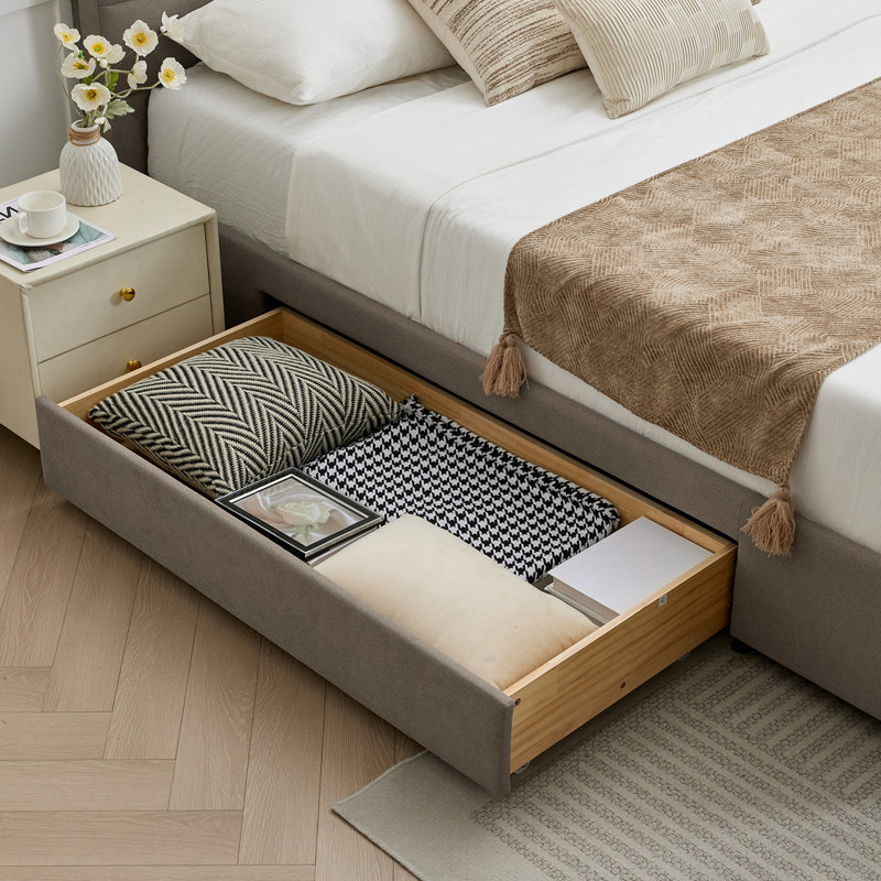 Lit-bateau de luxe avec 2 grands tiroirs en bois Braya, taupe, grand, Grand, Taupe