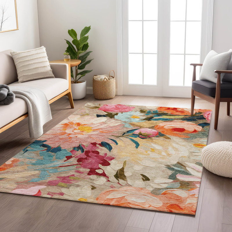 Machine Washable Indoor/Outdoor Jenning ACN2264 Floral Rug, Rectangle 3' x 5'