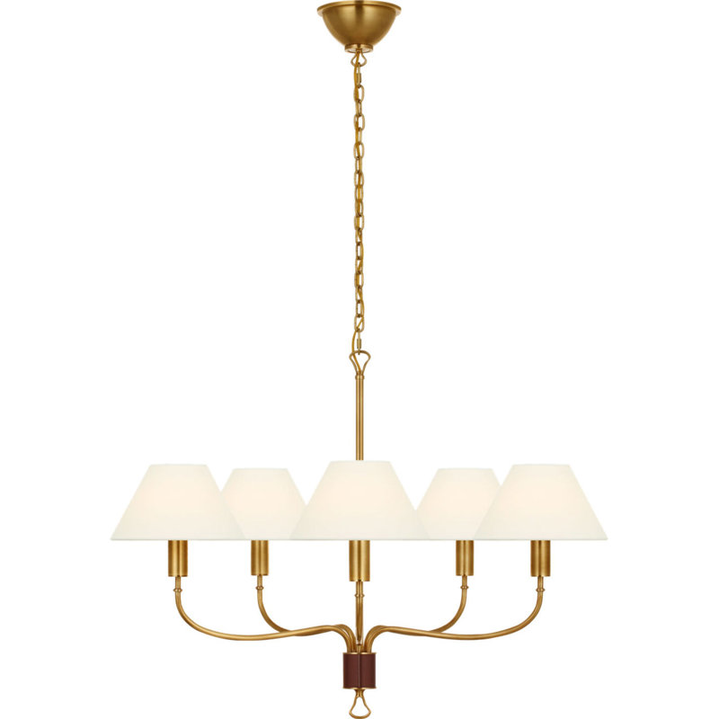 Griffin 31" Chandelier with Linen Shades, Antique Brass/Saddle Leather