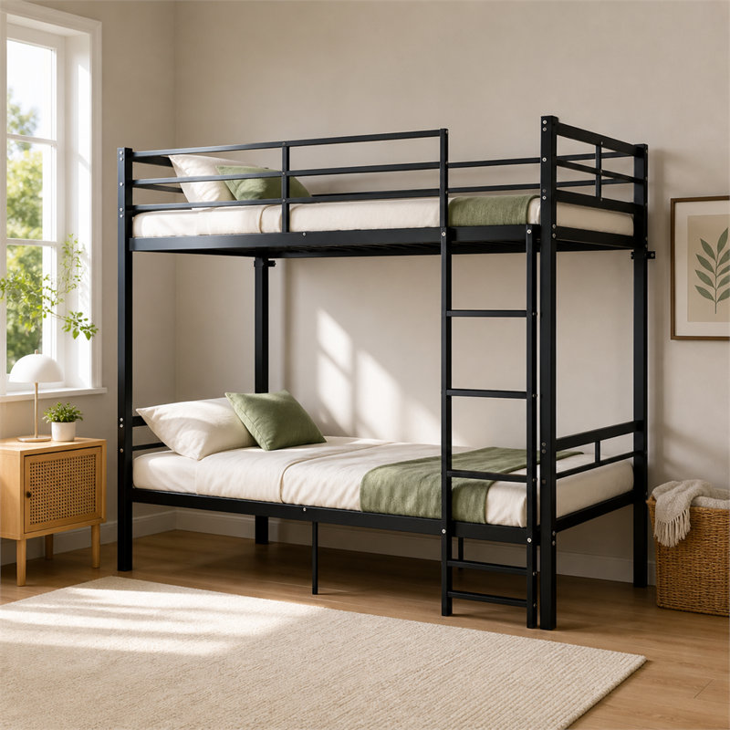 Lit superposé en métal noir de 78 po x 66,1 po x 40,9 po avec échelle et garde-corps hauts; lits simples simples; conception silencieuse avec espace de rangement sous le lit.