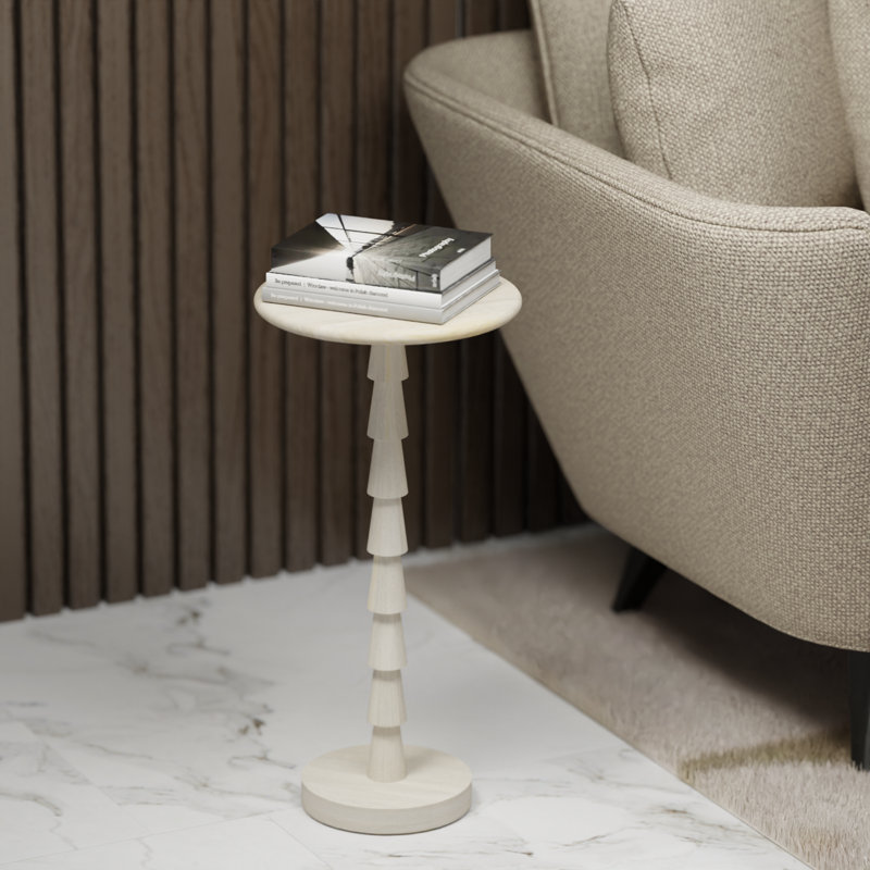 Petite table d'appoint ronde en bois massif de 12 po - table d'appoint moderne, H 24 po, piédestal sculptural, finition blanchie patinée