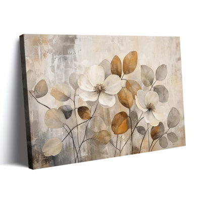 Print Canvas Wall Art, Neutral Tone White Magnolia Floral Brown Grey Leaves Thick Textured Abstract Background Farmhouse Living Room Wall Decor