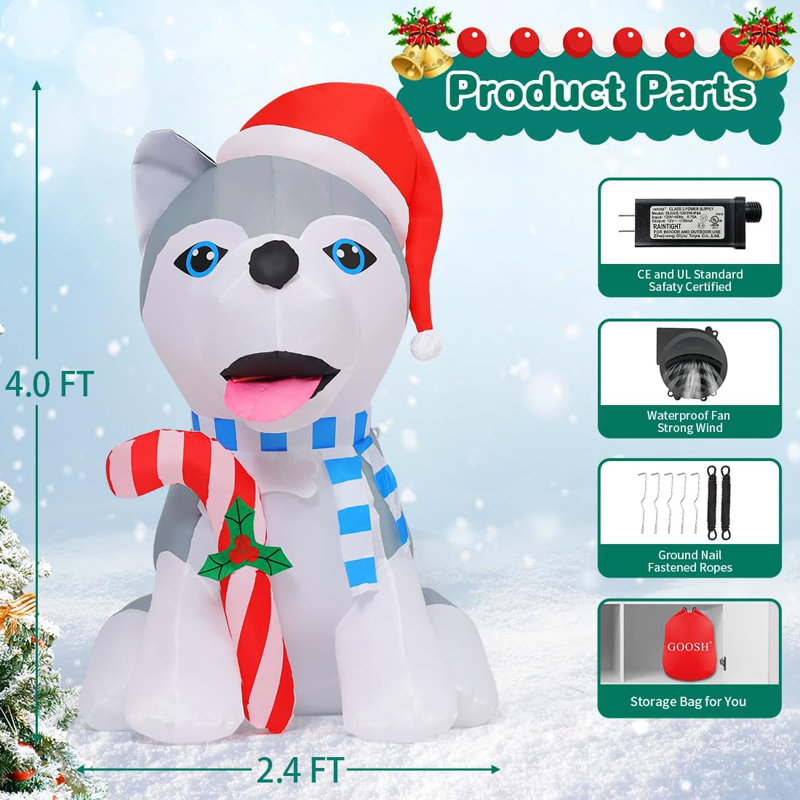 Chien gonflable de Noël 4 pi avec canne de bonbon avec lumières DEL intégrées