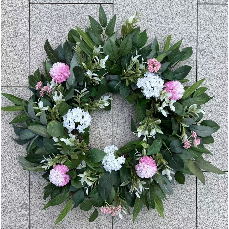 Couronnes de printemps et de Summe pour porte d'entrée à l'extérieur de 24 pouces avec pivoines, dahlia, hortensias, faux citrons, baies et verdure, couronne de porte colorée pour décoration extérieure