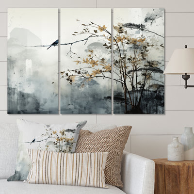 «Asian Art Sumi Bird Serenity XVII» sur toile, reproduction de 3 pièces