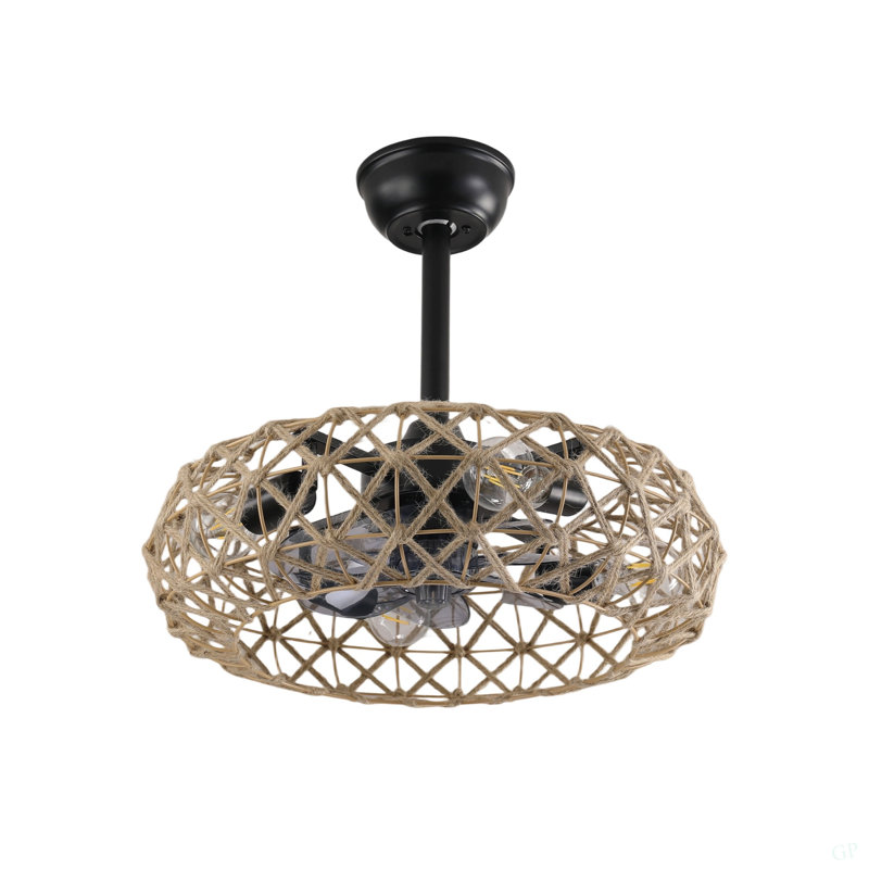 Ventilateur de plafond en corde de chanvre 19 po avec 4 ampoules, intensité variable, 7 pales, moteur à courant continu réversible.