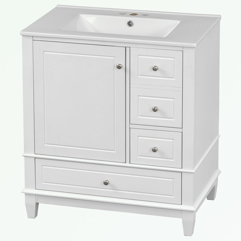 Meletios 30" Bathroom Vanity With Sink, One Door With Shelf And Three Drawers, Soft Close Door, White