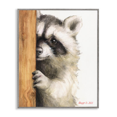 Peering Raccoon Watercolor Gray Framed Giclee Art by George Dyachenko