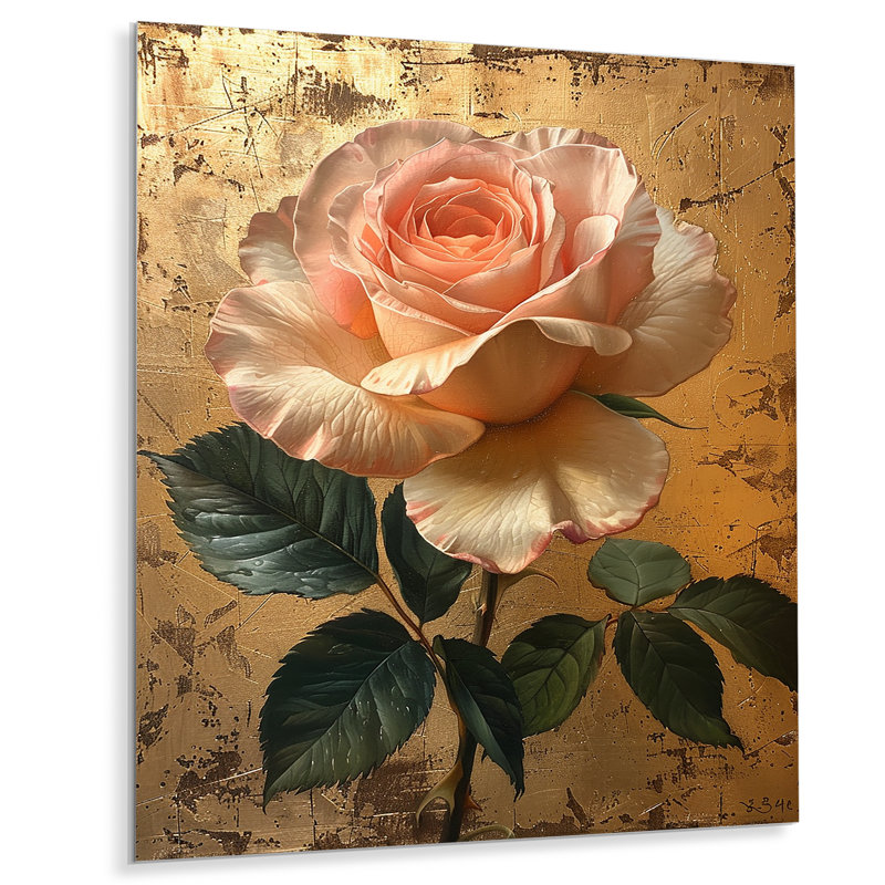 Rose rose rétro or - rose art mural salon, Métal métal, H 32 po x l 24 po x P 1 po