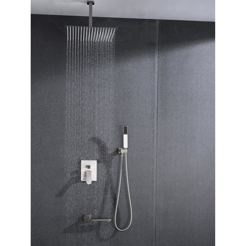 Brushed Nickel Ceiling Mounted Shower Kit - 16" Head And Handheld Natural Rainfall Experience Self-Cleaning Nozzle Harmonious With American Standard Pipe Connections Bathroom