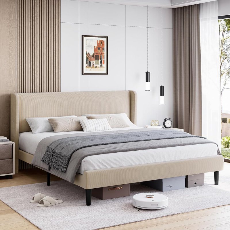 Bed Frame With Headboard, Upholstered Bed Frame With Wood Slats, Sturdy Support Feet, No Box Spring Needed, Beige, Queen