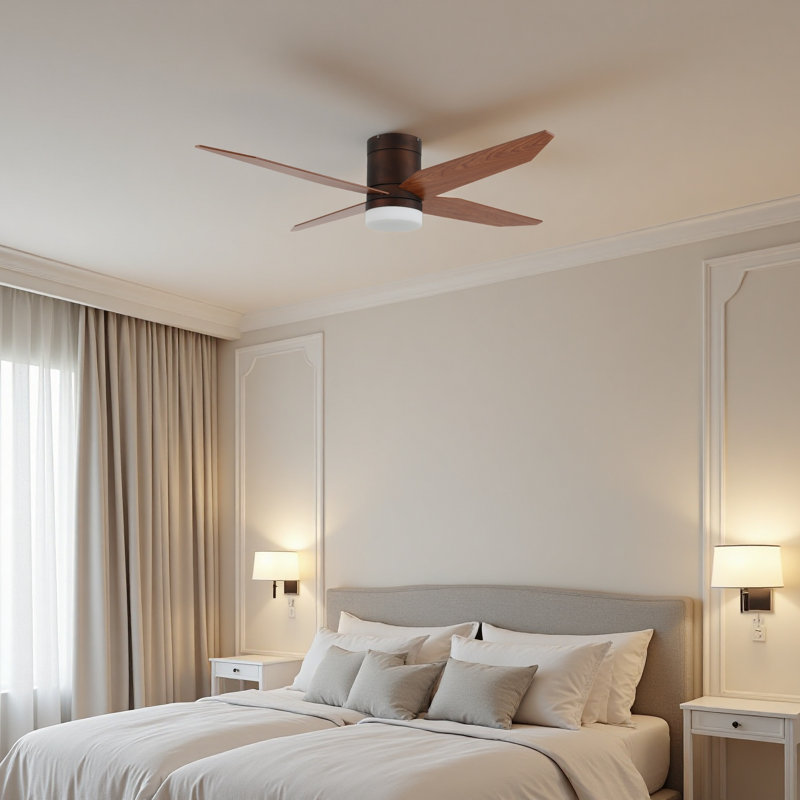 52" Rustic Flush Mount Ceiling Fan with Reversible DC Motor, 3-Color LED Light & Remote, 4 Wood Blades, Black, Brown