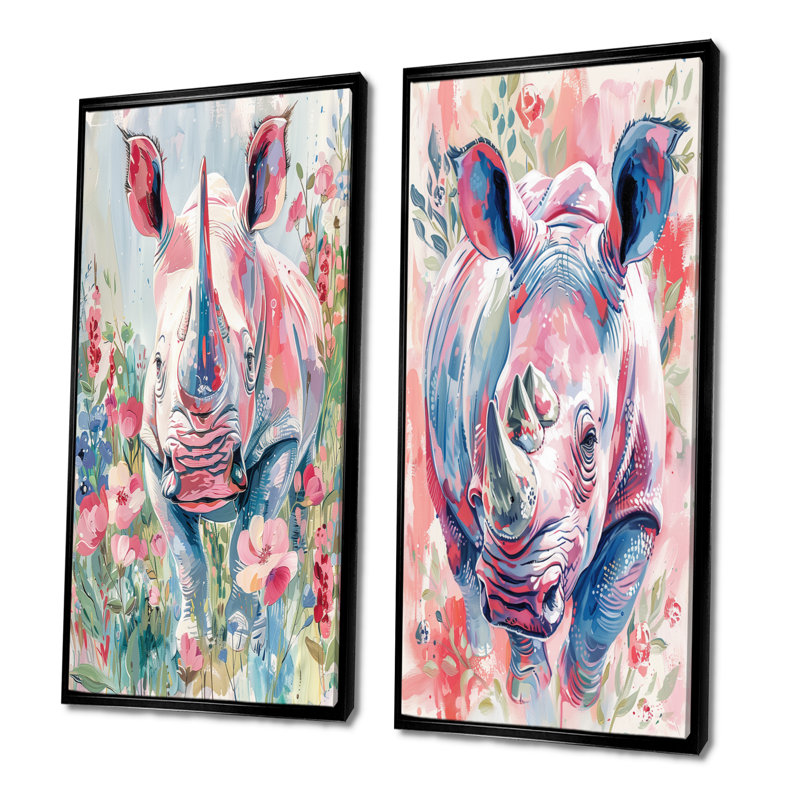 Ensemble de 2 pièces d'art mural rhinocéros rose et vert Wondering Meadows I, H 28 po x l 24 po, Impression encadrée