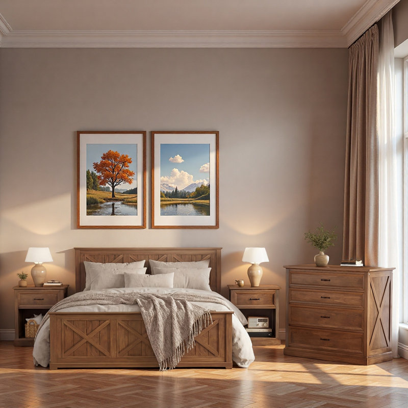 Ensemble de chambre à coucher 4 pièces, lit plateforme en bois avec tête de lit à motifs classiques, 2 tables de chevet avec tiroir et tablette ouverte, 1 commode à 4 tiroirs