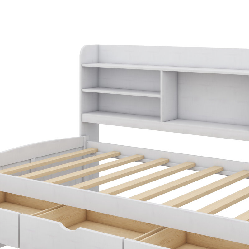 Wooden Captain Bed With Built-In Bookshelves,Three Storage Drawers And Trundle, Twin, White