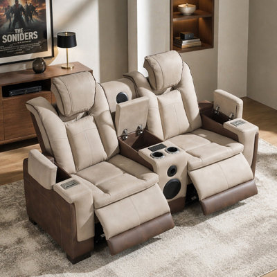 Bruno Traditional 2Pc Power Reclining Living Room Set with LED Lighting, Bluetooth Speakers and Cup Holders in Brown Faux Leather
