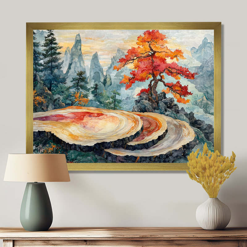 «Gines Tranquility In An Asian Forest Landscape II», art mural forêt, H 30 po x l 40 po, Cadre simple, Or