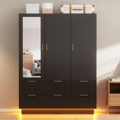 3 Doors Armoire Wardrobe With 4 Drawers And Shelves And Led Lights by Wrought Studio