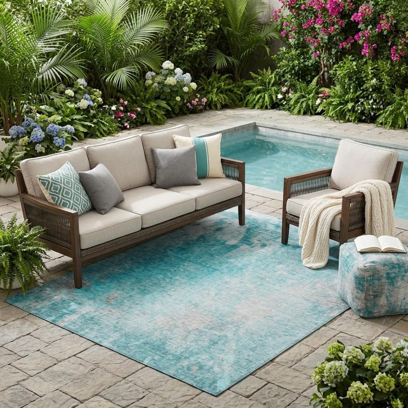 Tapis extérieur lavable antidérapant abstrait bleu sarcelle 5 pi x 8 pi
