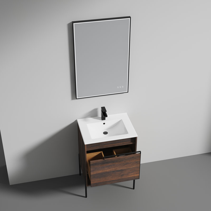 Ensemble de meuble-lavabo simple 24,25 po avec plateau en céramique Choua, Noyer