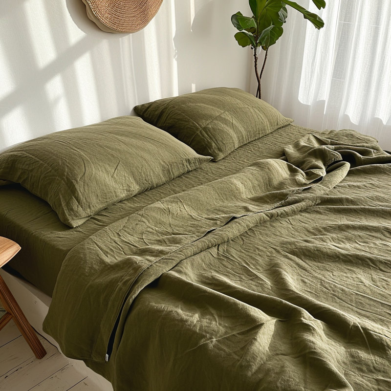 Ensemble de draps 100% lin français 4 pièces, Ensemble de draps pour très grand lit avec 2 taie, Olive