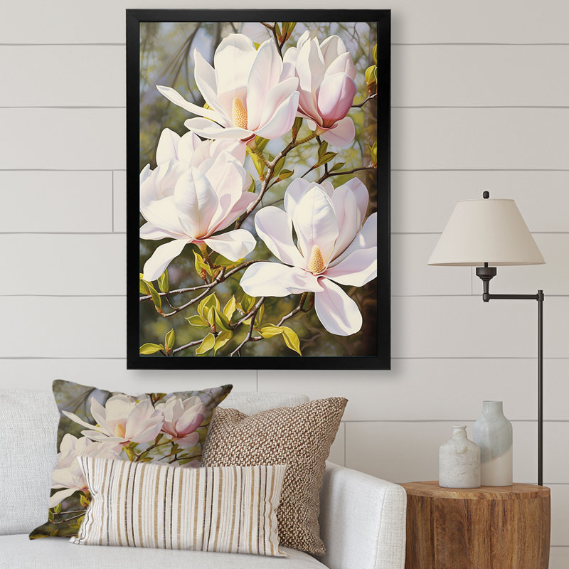 Blanc et rose magnolia tranquillité - impression, H 40 po x l 30 po x P 1,5 po, Cadre photo noir
