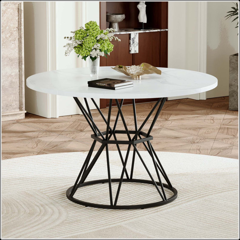 Round Industrial Dining Table with Marble Pattern and Hourglass Base