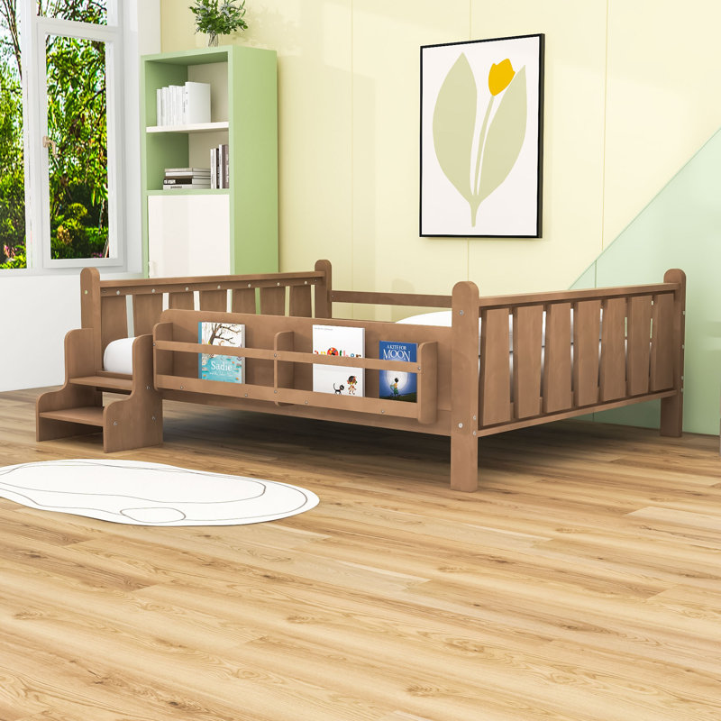 Lit en bois avec bibliothèques de rangement, Naturel, Lit double
