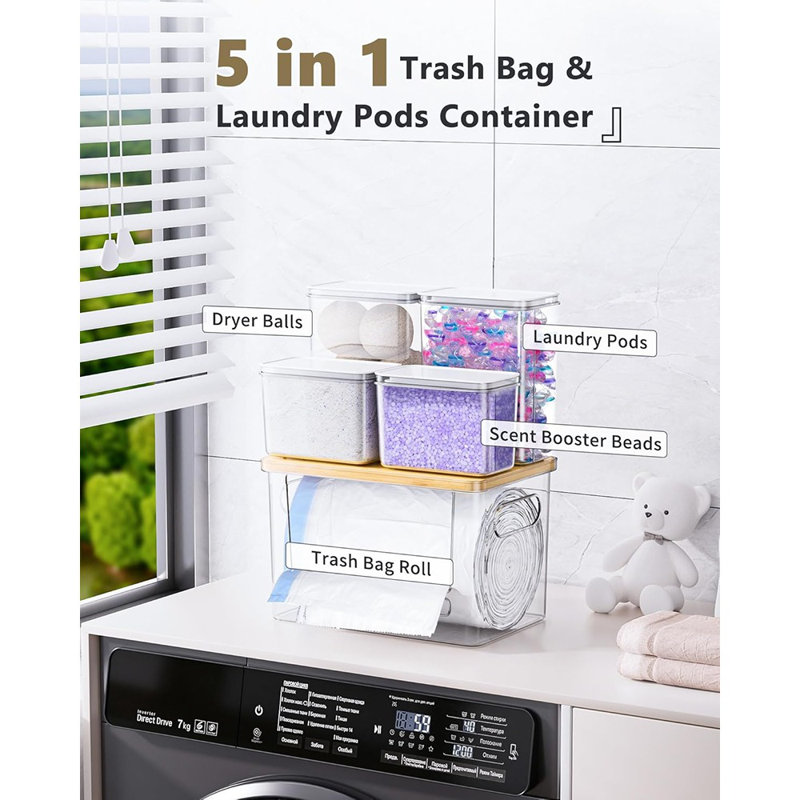 Distributeur de sac poubelle et contenant pour dosette de lave-vaisselle - organisateur en acrylique 5-en-1 pour sacs à ordures, dosettes à lessive, poudre détergente, rangement sous l'évier pour la cuisine, le garde-manger et la salle de lavage