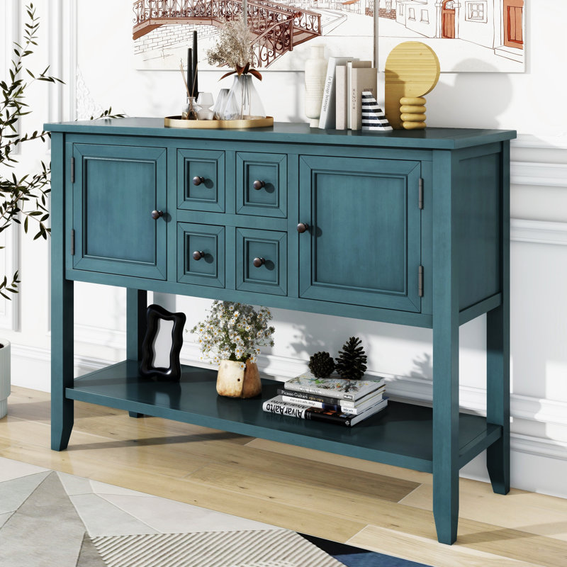 Cambridge Series  Ample Storage Vintage Console Table With Four Small Drawers And Bottom Shelf For Living Rooms, Dark Blue