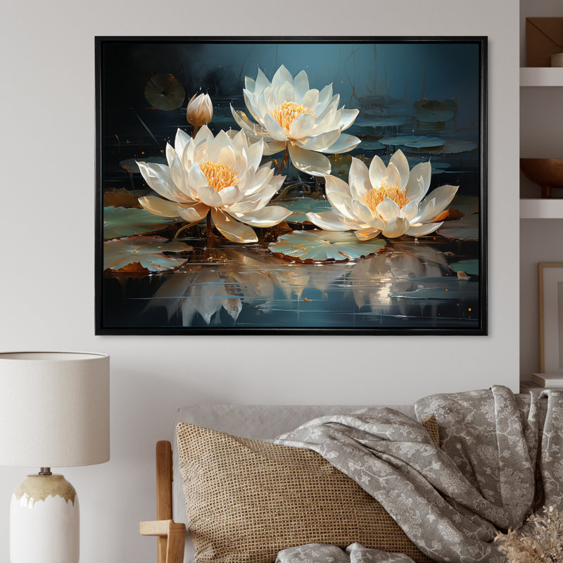 Fleurs de lotus baignées au clair de lune - Art sur toile de lotus, H 12 po x l 20 po x P 1 po, Cadre flottant noir