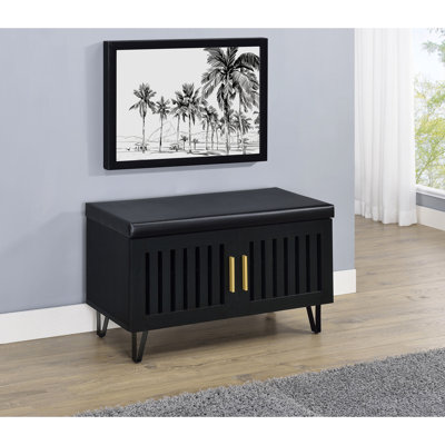 Banc de rangement noir à 2 portes avec plateau rembourré en similicuir, pieds en épingle à cheveux en métal, design Mid-Century moderne pour les espaces de vie primaires à deux portes et vestibules élégants