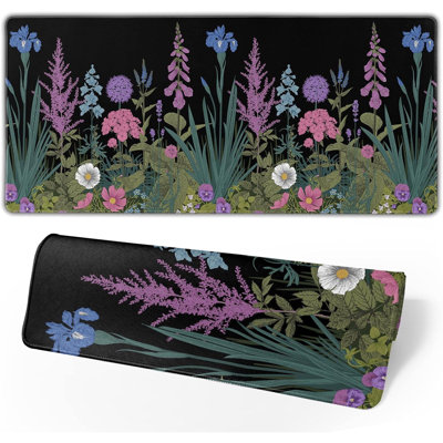Vintage Floral Mouse Pad 35.4 X 15.7 Inch XXL Watercolor Retro Flower Print Black Background Full Desk Mousepad Extended Large Non-Slip Rubber Base Keyboard Mat with Stitched Edges for Gaming Office