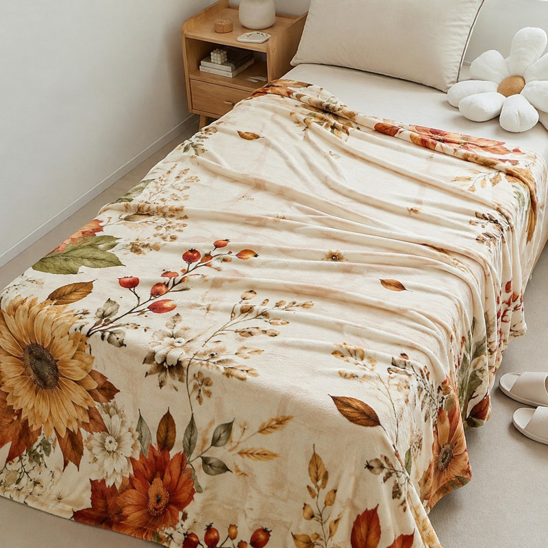 Couverture en molleton à imprimé floral d'automne, jeté chaud et moelleux pour canapé-lit, salon, décoration intérieure