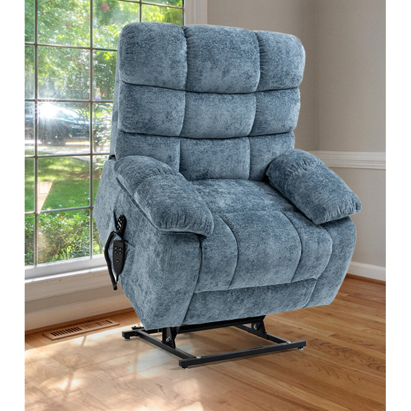 Vayun 40.55" W Oversized Chenille Lay Flat Liftable Power Recliner, Massage, Heater, Blue