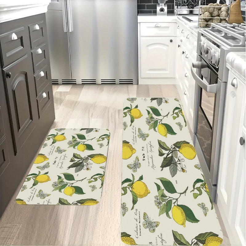Cream Vintage Botanical Lemon Kitchen Mats,2 Pack,Retro Decor For Kitchen & Laundry Room