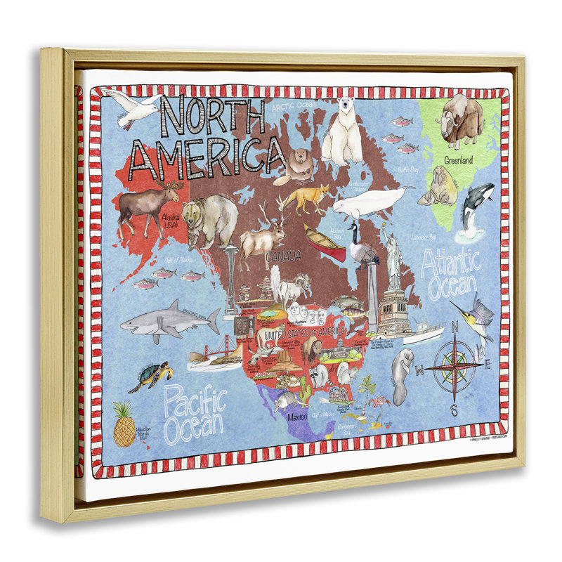 Art mural sur toile flottante encadrée «North America» par Marley Ungaro, Cadre flottant métallique doré, H 17 po x l 21 po