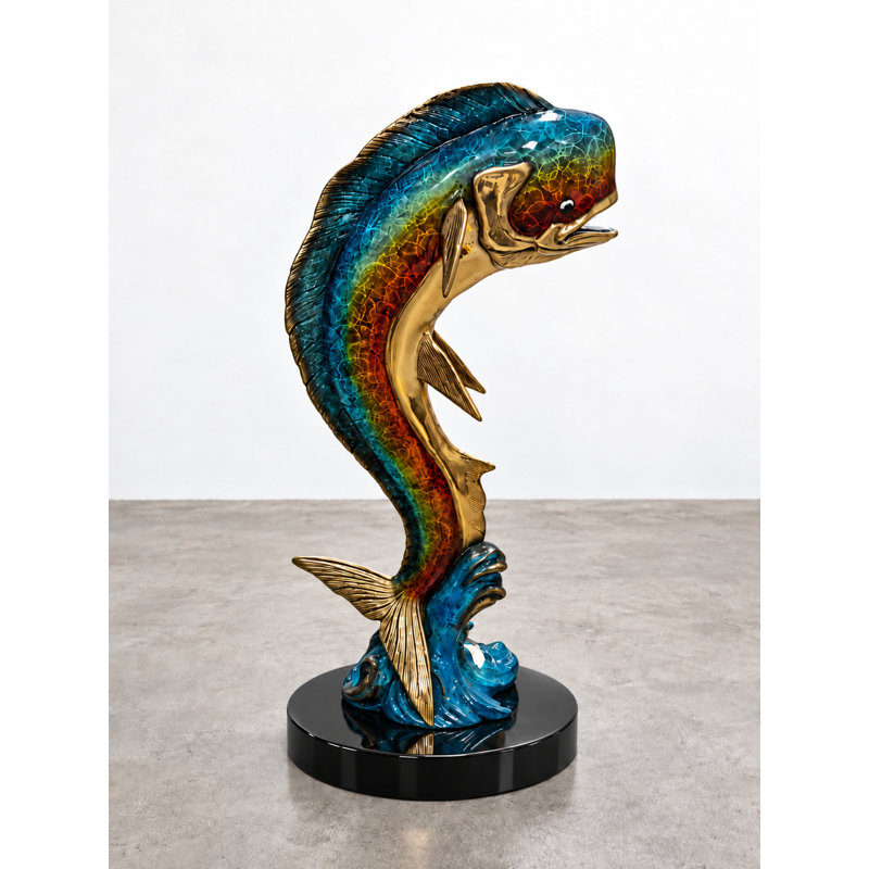 Sculptures & Beyond Mahi Mahi (Dorado) Cast Bronze Sculpture – Lost-Wax Bronze with Hand-Applied Patina on Black Marble Base – Coastal & Nautical Decorative Art for Home, Garden, Poolside & Outdoor Décor – Emerald Breaker – 32"H