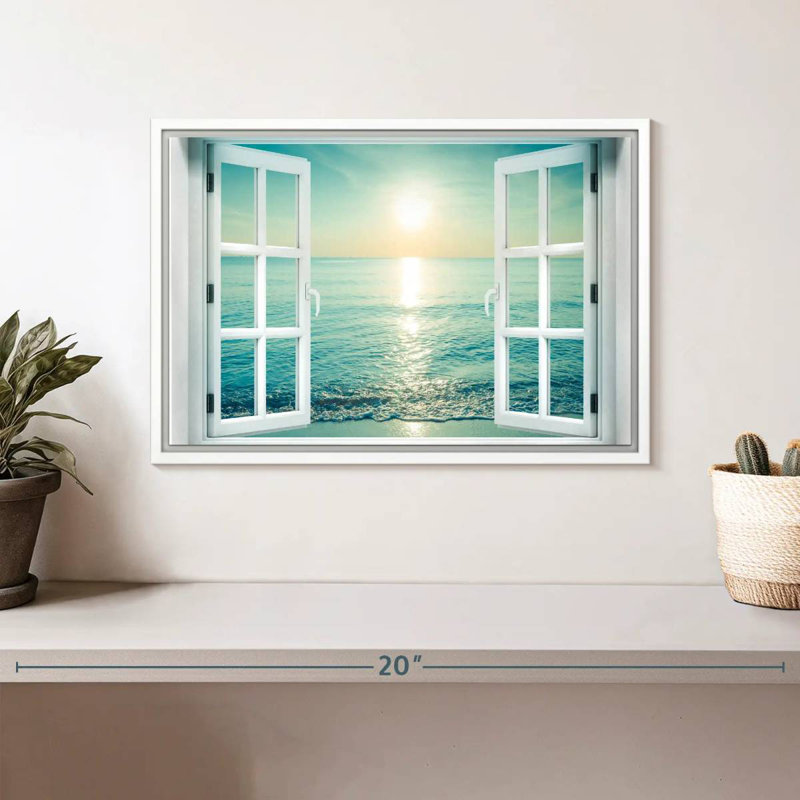 Fenêtre sur le paysage marin, Cadre flottant blanc, 13 po x 9 po