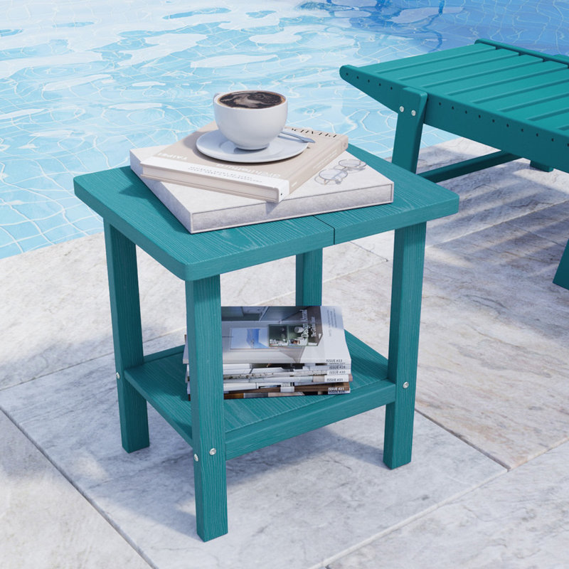 Adirondack Outdoor Side Table, All Weather Use Double Layer Patio Side Table, HIPS Rectangular End Table, Blue