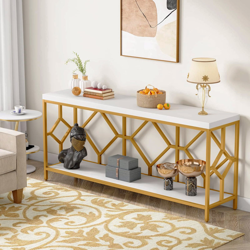 Canapé extra long de 70,9 po, console industrielle étroite derrière le canapé avec structure en métal à motif de losanges, rangement ouvert à 2 niveaux