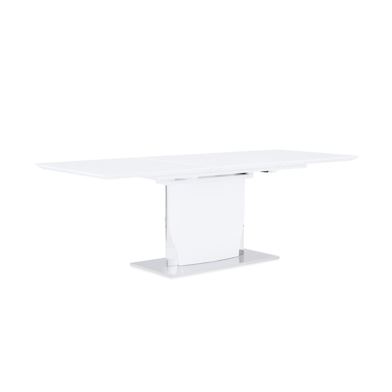 Table de salle à manger blanche à haute brillance, plaque de base en métal, rallonge autoportante et résistante pour 6 personnes