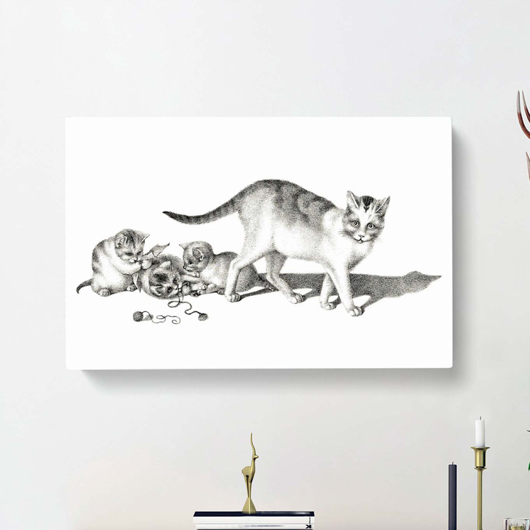Cat with Playful Kittens by Gottfried Mind - Wrapped Canvas