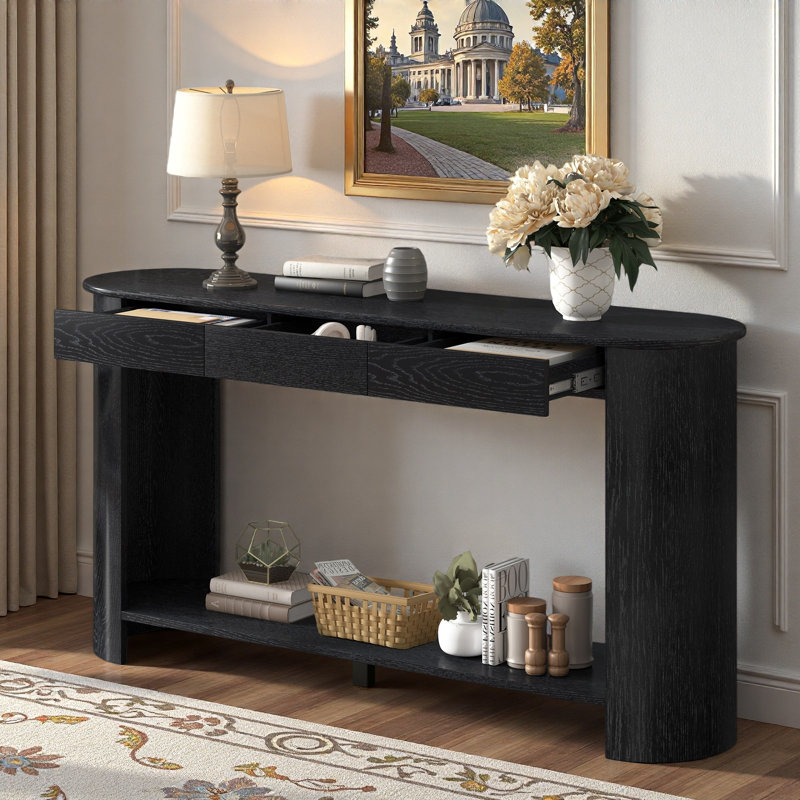 Console moderne avec 3 tiroirs, tablette inférieure ouverte et pieds semi-circulaires, Noir