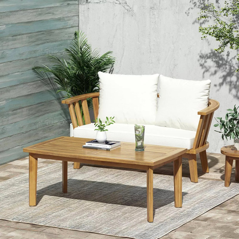 2 - Person Outdoor Acacia Wood Patio Seating Group With Cushions And Coffee Table For Porch, Garden, Backyard, Balcony, Teak Finish, White