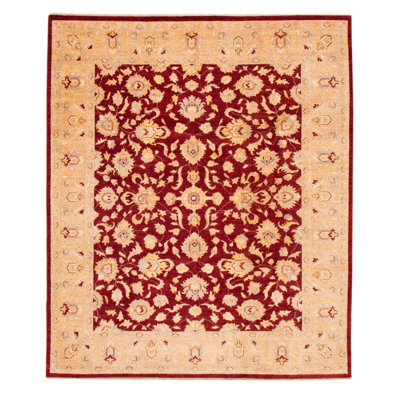 Tapis rouge foncé en laine noué à la main de conception unique 8 pi 1 po x 9 pi 6 po Chobi Finest