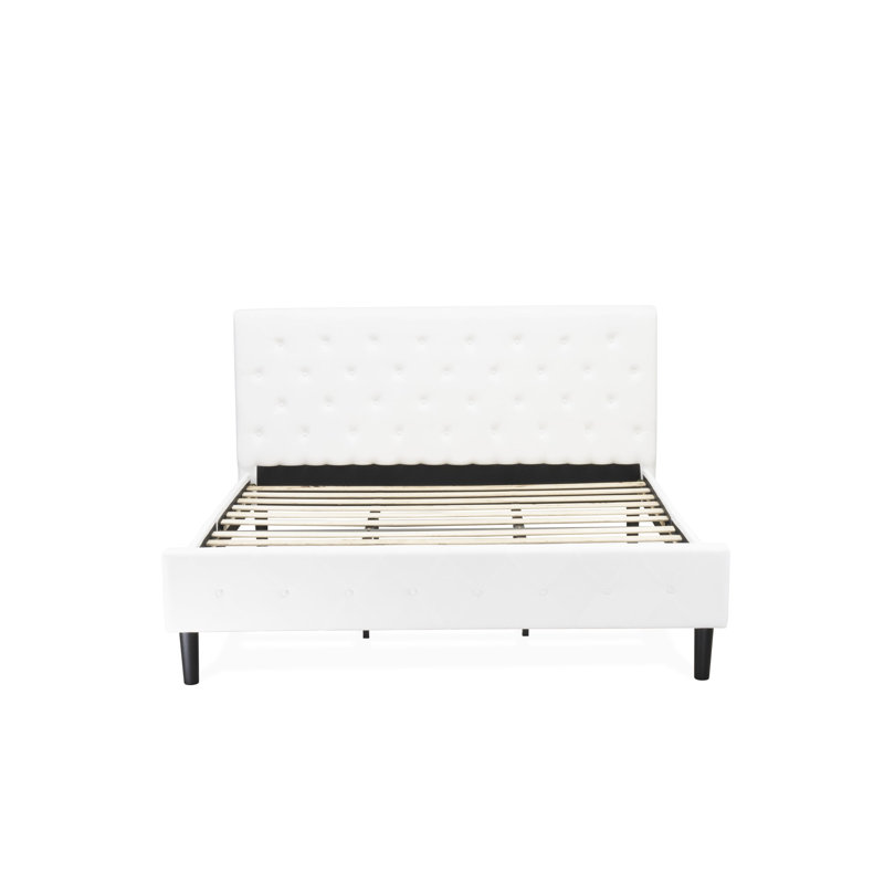 Nolan Platform Bed - Button Tufted Linen White Velvet Fabric Upholstered Headboard & Footboard, Black Legs, King Size, King