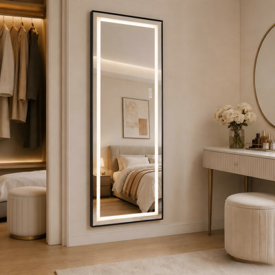 Miroir pleine longueur DEL, cadre noir 65 x 21 pouces, IRC supérieur à 90, trois températures de couleur, fonction de gradation avec mémoire, sur pied ou à incliner, fixation murale.