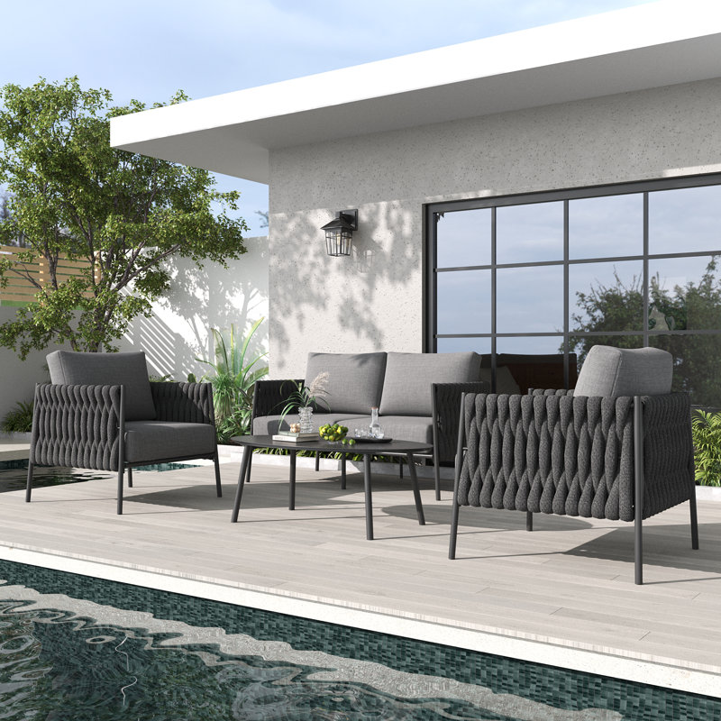 4 Piece Outdoor Furniture Set with Coffee Table, Modern Rope Woven Patio Conversation Sofa Set with Olefin Braid and Deep Seating